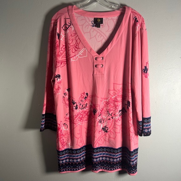 JM Collection Plus Size Pink Paisley Print V Neck Tunic Top XXL - Picture 1 of 5